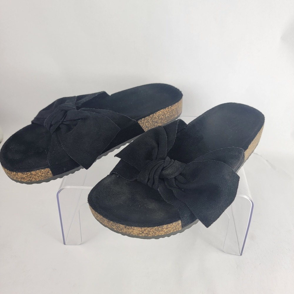 Forever Womens 9 Slip‎ On Slide Sandals Black Bow Casual Neutral Basic Boho - Picture 4 of 7